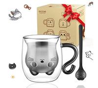 ecooe Taza de Gato Taza de Café de Cristal 290ml Vasos de Doble Pared con Asa y Cuchara Tazas de Vidrio Borosilicato Lindo Gato Tazas de Té para Café, Leche, Latte Macchiato, Té, Regalo de Cumpleaños