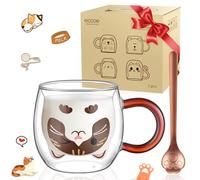 ecooe Taza de gato Tazas de Café de Cristal 280ml Vasos de Doble Pared con asa y cuchara Borosilicato Bonitas Tazas de Animal Para Latte Macchiato Capuchino, Té, Jugo, Helado, Regalo de Cumpleaños