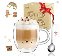 ecooe Taza de Oso Taza de Café de Cristal 290ml Vasos de Doble Pared con Asa y Cuchara Tazas de Vidrio Borosilicato Lindo Oso Tazas de Té para Café, Leche, Latte Macchiato, Té, Regalo de Cumpleaños