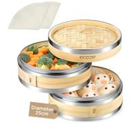 ecooe Vaporera de bambú, 2 niveles de bambú con borde reforzado de acero inoxidable, 25 cm de inserto de vapor con 2 paños de algodón,