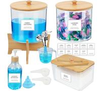 Ecopandy Organizador de detergente de 7000ml, 10 piezas dispensador de detergente con etiquetas y tapas de bambú, gran capacidad, escala de vaso medidor, contenedor de detergente y tapa de bambú para