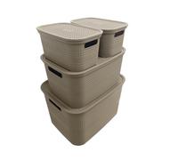 Ecoplast | Poker de contenedores multiusos, capuchino - 1 pieza grande, 1 pieza mediana y 2 piezas pequeñas con tapa y separador - Caja organizadora que ahorra espacio para armarios, despachos y