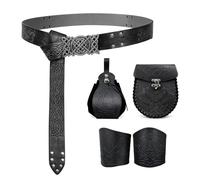 Ecoret-Pro Disfraz Medieval Hombre Mujer, Riñonera de Cuero Medieval de Piel Sintética y Brazaletes Medievales, Set de Vikingos Accesorios, Cinturón de Caballero Renacentista Grabado (Negro)
