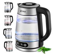 Ecosa® Hervidor de cristal con ajuste de temperatura - 1,8 l - 2200 W - Acero inoxidable - Con elección de temperatura - 100% libre de BPA - Función de mantenimiento caliente - Luz LED - Función