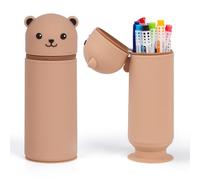 ECOSEAO Estuche 2 en 1 de Silicona, Estuche Silicona Forma de Bear con Cremallera, Portalápices Kawaii de Pie - para Escuela y Oficina - Regalo para Niños y Niñas (Marrón)