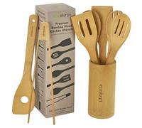 EcoSlurps Juego de 8 utensilios de cocina de bambú, marca británica de cucharas, espátulas y utensilios de madera carbonizada, material de madera antiadherente con soporte de almacenamiento, juego de