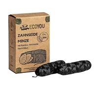 EcoYou Hilo dental sostenible de carbón activado de bambú en botella de vidrio reutilizable y libre de plástico, vegano y resistente al desgarro con sabor a menta, limpieza dental ecológica (negro)