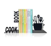 Ecqizer Sujetalibros de Cocina Decorativos de Metal con patrón de Libro de Cocina 3D, Recubrimiento en Polvo, Negro, par de 2, sujetalibros para Cocina, Oficina, hogar, Escuela