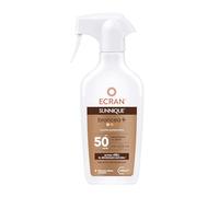 Ecran Sunnique Leche Protectora Solar Broncea+ SPF 50 en Spray Protección Alta UVB + UVA e IR-A Activa el Bronceado Natural, Sin Autobronceador, con Tecnología PureBronze, Resistente al Agua - 270 ml
