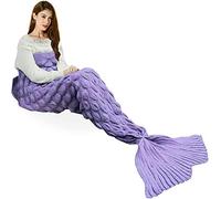 eCrazyBaby Hecho a Mano de Punto Manta de Cola de Sirena, Todas Las Estaciones cálido sofá Cama Sala de Estar Manta para niños y Adultos, Patrón de Fish-Escalas, 195 x 90 cm, Violeta Claro