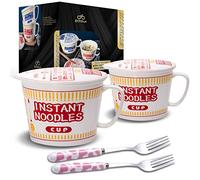 ECTbicyk Cuencos para ramen con tapa y asa, bonito cuenco de fideos ramen instantáneos, tazón grande de cerámica de anime con tenedor, regalo para los amantes del ramen (2 unidades, rojo)