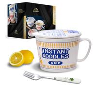 ECTbicyk Ramen Bowl with Lid Creative Instant Noodle Bowl Large Japanese Ceramic Soup Bowl with Handle (Blue, 33 OZ)