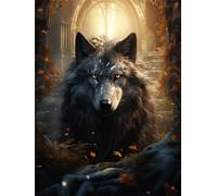 ECUCU Kit de Punto de Cruz, Misterioso Lobo Negro En El Bosque,F,40 * 50cm Set Kits Bordado Punto de Cruz Kit Completo Hilo y Tela Impreso Contado Patrones a Mano Hacer faciles