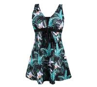 Ecupper Baño Enterizo de Mujer con Falda y Cordón Bañador Enterizo Ajustado y Adelgazante con Escote en V Verde y Negro 3XL