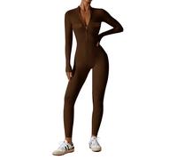 Ecupper Enterizo Deportivo para Mujer Con cierre de cremallera y manga larga - Body moldeador para yoga y gym Color Marrón y Work Bolsillos y Talla XS