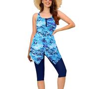 Ecupper Top de Bikini para Mujer con Estampado Ikat, Borde Asimétrico y Correas Ajustables, Top de Baño Flotante en Playa o Alberca, Blusa de Baño Estilizada y Cómoda L Azul Lago