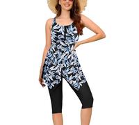 Ecupper Top de Bikini para Mujer con Estampado Ikat, Borde Asimétrico y Correas Ajustables, Top de Baño Flotante en Playa o Alberca, Blusa de Baño Estilizada y Cómoda S Negro y Azul
