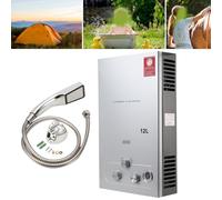 ECUTEE Calentador de agua de gas licuado LPG de 12 L, 24 kW, calentador de agua instantáneo sin depósito, con cabezal de ducha galvanizado y manguera de ducha, para camping al aire libre y ducha