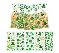 Ecuupas 50 bolsas de celofán de San Patricio, bolsas de regalo transparentes de trébol, bolsas de regalo transparentes con sombrero verde, bolsas de golosinas transparentes con lazos giratorios,