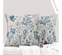 ECZOIL Lot de 2 Fundas de cojín decorativas 50x50 cm Flores Fundas de sofá Decorativas Motivo Plantas con Flores Silvestres Funda de almohada para Dormitorio y Hogar Rústico Salón - Flor Retro Azul