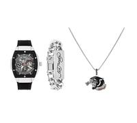 ED HARDY Juego de reloj de 3 piezas para hombre en tono plateado con collar y pulsera