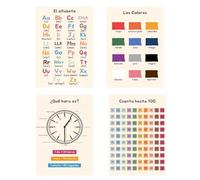 ED-Lumos Set de 4 Láminas Educativas Sin Marco para Niños,Póster Abecedario Español, Números, Colores y Tiempo, Decoración Pared Habitación Infantil, Nursery y Aula, A4 21x30cm