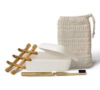 EDARTO® Seifenschale aus natürlichem Bambusholz mit Tropfschale und Deckel aus Bambusfasern + Bambuszahnbürste + 100% natürlicher Seifen- / Sisalbeutel für Das Körperpeeling