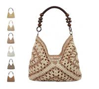 EDAT New Fashionable Handmade Woven Bag Crochet Bags, Womens Summer Straw Woven Beach Bag for Vacation(Khaki)