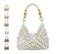 EDAT New Fashionable Handmade Woven Bag Crochet Bags, Womens Summer Straw Woven Beach Bag for Vacation(Blue)