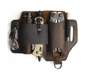 EDC - Organizador de cinturón de 3 piezas EDC para herramientas tácticas, funda de piel para almacenamiento de supervivencia en el desierto para papá, marido, abuelo (marrón)