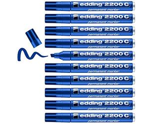 edding 2200 C marcador permanente - azul - 10 rotuladores - punta biselada 1-5 mm - indeleble de secado rápido - resistente al agua y a los borrones - cartón, plástico, madera, metal, tela - universal