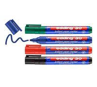 edding 30 marcador de tinta brillante para papel - multicolor - 4 rotuladores permanentes - punta redondeada 1,5-3 mm - colores vibrantes -para papel, cartón, plástico, metal y vidrio