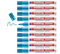 edding 3000 marcador permanente - azul claro - 10 rotuladores - punta redonda 1,5-3 mm - indeleble de secado rápido - resistente al agua y a los borrones - cartón, plástico, madera, metal - universal