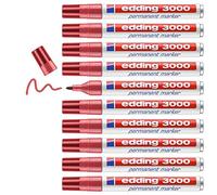 edding 3000 marcador permanente - carmín - 10 rotuladores - punta redonda 1,5-3 mm - indeleble de secado rápido - resistente al agua y a los borrones - cartón plástico madera metal tela - universal