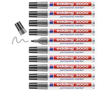 edding 3000 marcador permanente - gris - 10 rotuladores - punta redonda 1,5-3 mm - indeleble de secado rápido - resistente al agua y a los borrones - cartón, plástico, madera, metal, tela - universal