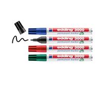 edding 3000 marcador permanente - negro, rojo, azul, verde - 4 rotuladores - punta redonda - indeleble de secado rápido - resistente al agua y a los borrones - cartón plástico madera metal - universal
