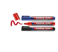 edding 330 marcador permanente - negro, rojo, azul - 3 rotuladores- punta biselada 1-5 mm - resistente al agua, de secado rápido, rotuladores indelebles - para cartón, plástico, vidrio, madera, metal