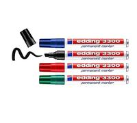 edding 3300 marcador permanente - negro, rojo, azul, verde - juego de 4 - punta biselada 1,5-3 mm - indeleble de secado rápido - resistente al agua y a los borrones-cartón,plástico,madera,metal,tela