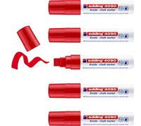edding 4090 marcador de tiza - rojo - 5 rotuladores de tiza - punta biselada 4-15 mm - rotuladores para cristal borrables - para pizarras, vidrio y espejos - tiza líquida de cobertura opaca