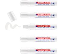 edding 4090 marcador de tiza - blanco - 5 rotuladores de tiza - punta biselada 4-15 mm - rotuladores para cristal borrables - para pizarras, vidrio y espejos - tiza líquida de cobertura opaca