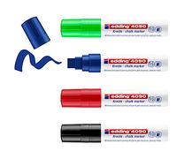 edding 4090 marcador de tiza juego de 4 - surtido - rotuladores de tiza - punta biselada 4-15mm - rotuladores para cristal borrables - para pizarras vidrio espejos - tiza líquida de cobertura opaca