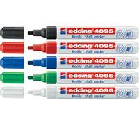 edding 4095 Juego de 5 rotuladores para ventana/tiza, 2-3 mm, colores básicos, negro, azul, rojo, verde y blanco