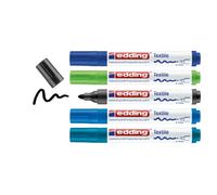 edding 4500 marcador textil - negro, azul (3), verde - 5 rotuladores - punta redonda de 2-3 mm - rotuladores textiles permanentes para dibujar sobre tejidos, resistentes a lavados de hasta 60 °C
