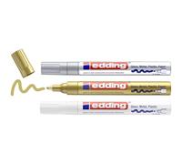 edding 750 marcador de tinta opaca brillante - blanco, oro, plata (metálico) - 3 rotuladores - punta redonda 2-4 mm - para vidrio, piedras, madera, plástico, papel - color permanente