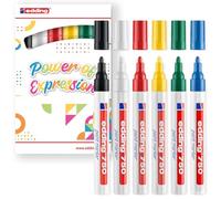 edding Rotulador de pintura brillante 750, colores básicos, 6 marcadores de pintura, punta redonda de 2-4 mm, para vidrio, guijarros, madera, plástico, papel, impermeable, alta cobertura
