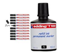 Edding Rotulador marcador permanente 3000 negro punta redonda 1,5-3 mm recargable & Tinta rotulador t-100 negro frasco de 100 ml