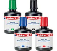 edding Tinta de recambio permanente T100 - todos los 4 colores - Contenido: 4 x 100 ml - Tinta para rotuladores permanentes edding (también edding EcoLine)