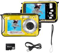 eDealz Cámara digital impermeable de 48 MP megapíxeles, Full HD 1080P, pantalla dual para grabación de fotos y video subacuática con luz flash LED para adultos y niños + tarjeta SD de 32 GB (amarillo)