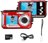 eDealz Cámara digital impermeable de 48 MP megapíxeles, Full HD 1080P, pantalla dual para grabación de fotos y video subacuática con luz flash LED para adultos y niños + tarjeta SD de 32 GB (rojo)