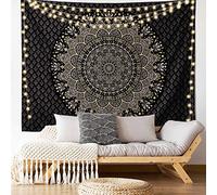 Edeesky Tapiz de mandala negro dorado para colgar en la pared, medallón psicodélico, tapiz de pared, estético indio, hippie, decoración de pared, arte de pared bohemio, decoración del hogar para